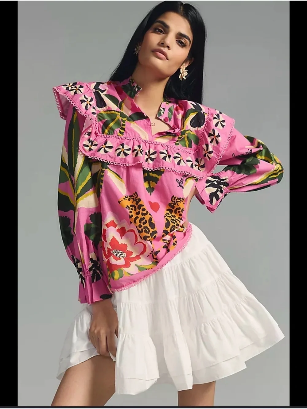 FARM Rio Pink Floral & Leopard-Print Ruffle Blouse Size Large NWT - Picture 2 of 5